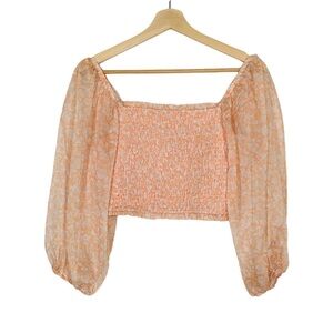 OLIA Peach Crop Top Smocked Long Sheet Sleeves Size Medium Milkmaid Romantic